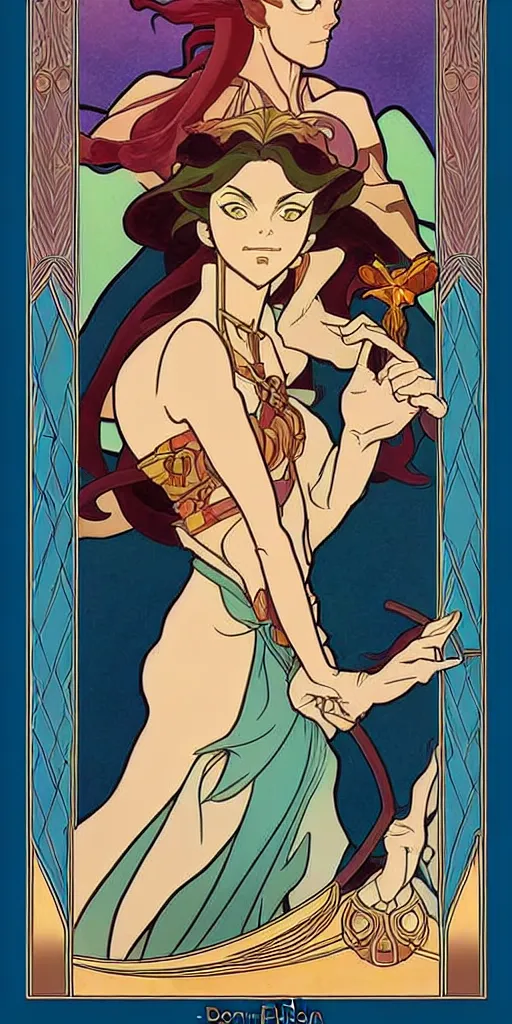 Image similar to the fool, rider tarot card with an art deco boarder, high quality, digital painting, by don bluth and ross tran and studio ghibli and alphonse mucha, artgerm