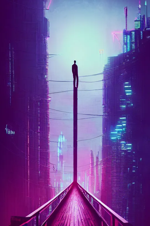 Image similar to a man standing on top of a bridge over a city, cyberpunk art by Vincent Lefevre, behance contest winner, altermodern, cityscape, synthwave, matte painting