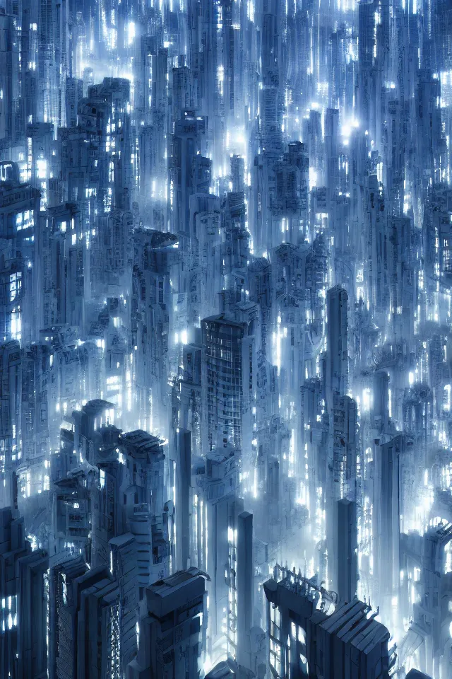 Image similar to utopian city, white buildings, by Leon Tukker, Makoto Kobayashi, synthetic light, blue trees, people on the streets, utopia, perfect, futuristic, 8k high detail, masterpiece, trending on ArtStation