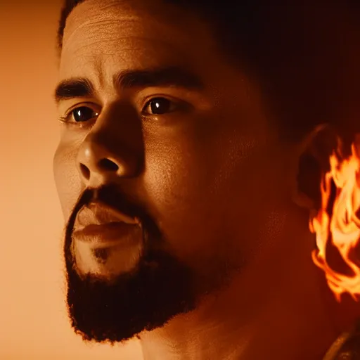 Image similar to cinematic film still of J Cole starring as a Samurai holding fire, Japanese CGI, VFX, 2022, 40mm lens, shallow depth of field,film photography