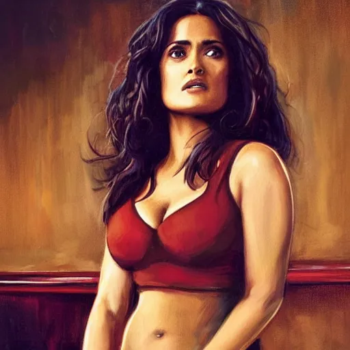 Prompt: salma hayek in a bar, perfect proportions, beautiful face, perfect eyes, real life colors, elegant, sharp focus, hyper - realistic, 4 k, highly detailed, hd, dramatic lighting by brom