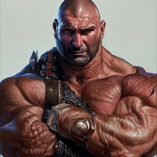 Image similar to ultra realistic illustration,, a hulking herculean dave bautista with leather armour, from doom and warhammer, intricate, elegant, highly detailed, digital painting, artstation, concept art, smooth, sharp focus, illustration, art by artgerm and greg rutkowski and alphonse mucha