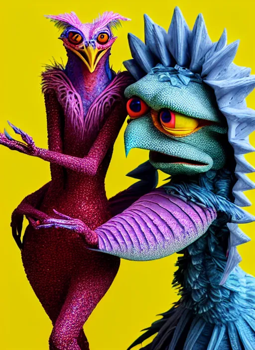 Image similar to hyper detailed 3d render like a Oil painting - kawaii portrait of two Aurora (a beautiful skeksis muppet fae princess protective playful expressive from dark crystal that looks like Anya Taylor-Joy) seen red carpet photoshoot in UVIVF posing in scaly dress to Eat of the Strangling network of yellowcake aerochrome and milky Fruit and His delicate Hands hold of gossamer polyp blossoms bring iridescent fungal flowers whose spores black the foolish stars by Jacek Yerka, Ilya Kuvshinov, Mariusz Lewandowski, Houdini algorithmic generative render, golen ratio, Abstract brush strokes, Masterpiece, Edward Hopper and James Gilleard, Zdzislaw Beksinski, Mark Ryden, Wolfgang Lettl, hints of Yayoi Kasuma and Dr. Seuss, octane render, 8k