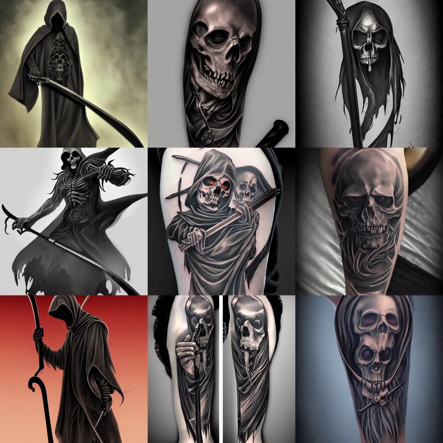 Prompt: grim reaper with scythe tattoo on arm by ruben barahona, intricate, extremely detailed, digital painting, artstation, concept art, smooth, sharp focus, illustration, intimidating lighting, incredible art,