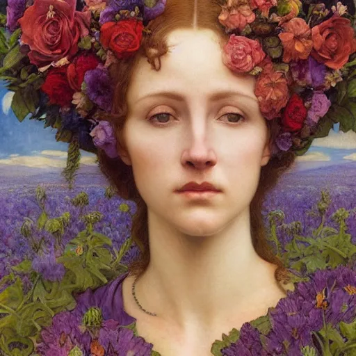 Image similar to queen of flowers, by annie swynnerton and charlie bowater and tino rodriguez and nicholas roerich and jean delville and evelyn de morgan, dramatic lighting, floral tattoos, rich colors, smooth sharp focus, extremely detailed, donato giancola, adolf wolfli