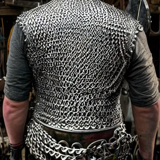 Image similar to detailed painting of a chainmail shirt on top of a blacksmith's anvil