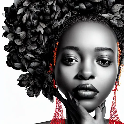 Image similar to the portrait of an absurdly beautiful, graceful, elegant young black woman made of bananas and petals looking up, an ultrafine detailed illustration by kim jung gi, irakli nadar, intricate linework, bright colors, octopath traveler, final fantasy, angular, unreal engine 5 highly rendered, global illumination, radiant light, detailed and intricate environment