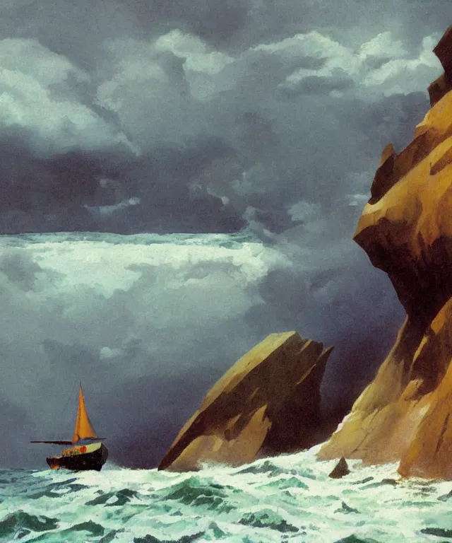 Prompt: photorealistic painting of a 1 9 2 5 seiner sailing near a tropical cliff with the mouth of a sea cave at the waterline, dark, brooding, atmospheric, lovecraft, horror, smooth, epic, highly detailed, cinematic, by angus mcbride