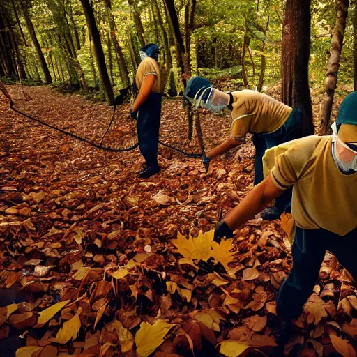 Image similar to closeup portrait of cleaners trying to hold back the falling leaves in a forest, detailed face, by Steve McCurry and David Lazar, CANON Eos C300, ƒ5.6, 35mm, 8K, medium-format print