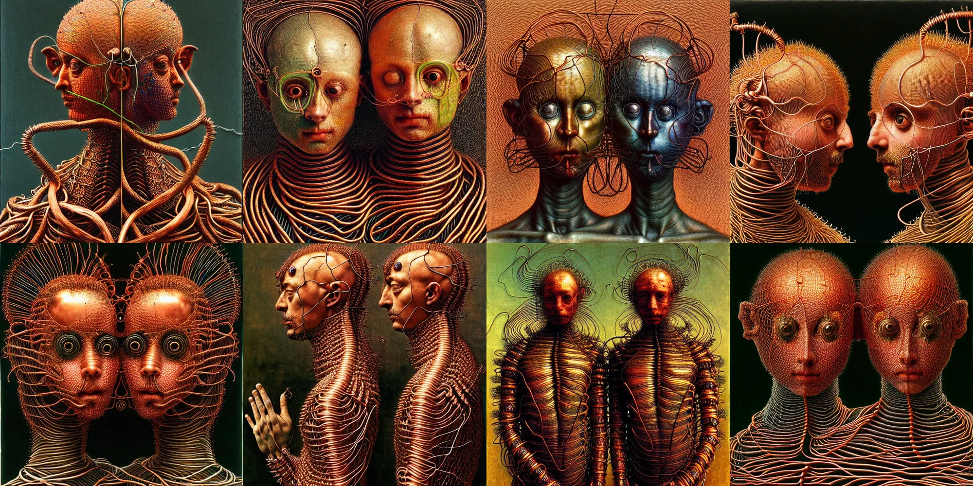 Prompt: fully featured siamese twins made of copper wire, intricate armor made of fractals of colorful electrical wires, highly detailed, by giuseppe arcimboldo and ambrosius benson, renaissance, ( beksinski ), realistic, high definition