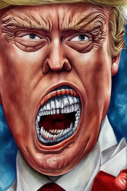 Prompt: Donald Trump as a Titan from Attack on Titan, oil on canvas, intricate, portrait, 8k highly professionally detailed, HDR, CGsociety