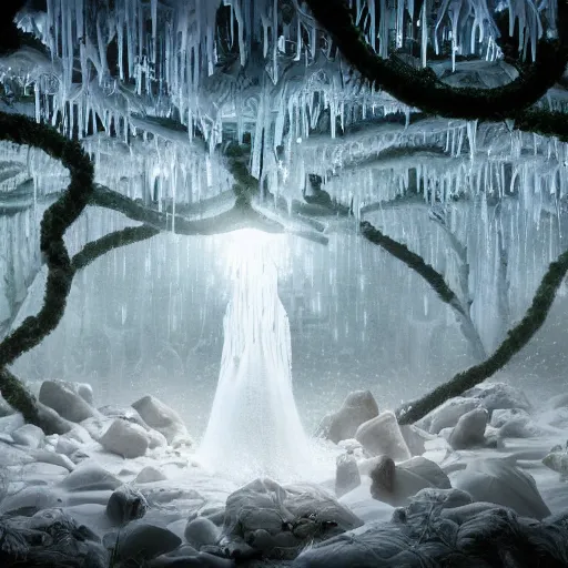 Image similar to under an white intricate like jewels epic forest suspended in the air upside down, a white pool with intricate epic circles of water within which float phantasmagoric biorobotic humanoids, dressed in intricate veils and jewels, epic environment, matte painting, diffused lighting, highly detailed, cinematic, epic atmosphere, digital art, trending on artstation, wide angle