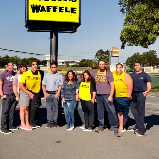 Image similar to wafflehouse employee's standing below wafflehouse sign