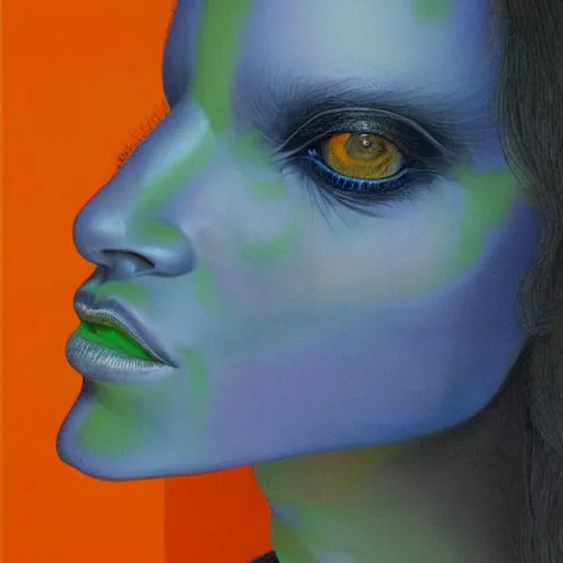 Prompt: frontal portrait of a woman with an orange and blue maximalist garment, by wayne barlowe