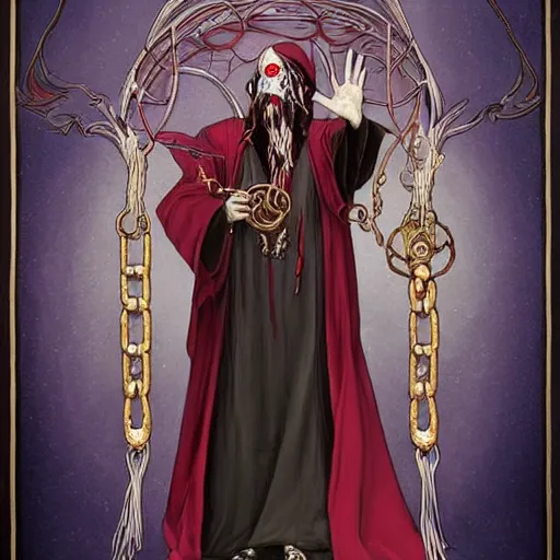 Prompt: A grim magical art nouveau painting of a lich sorcerer chanting a spell while holding a big tome with chains, in the style of Mary Dimary and Darkchylde, Ruby insets, fantasy skull, muted colours, vibrant reds, 4k, trending on artstation, pinterest, pixiv