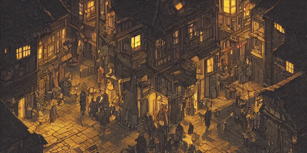 Prompt: isometric view illustration of a medieval village street corner, highly detailed, dark, gritty, at night, glowing lamps scattered around, dreamy lighting, by Victo Ngai