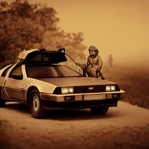 Image similar to a monochromatic sepia photograph of a delorean traveling with pioneers on the oregon trail, trending on art station,