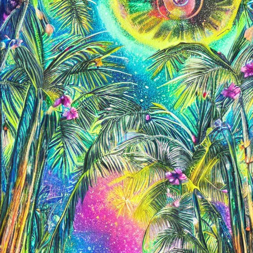 Prompt: bright tropical forest, sparkling spirits, detailed wide shot, crayon, ground detailed, wet eyes reflecting into eyes reflecting into infinity, beautiful lighting