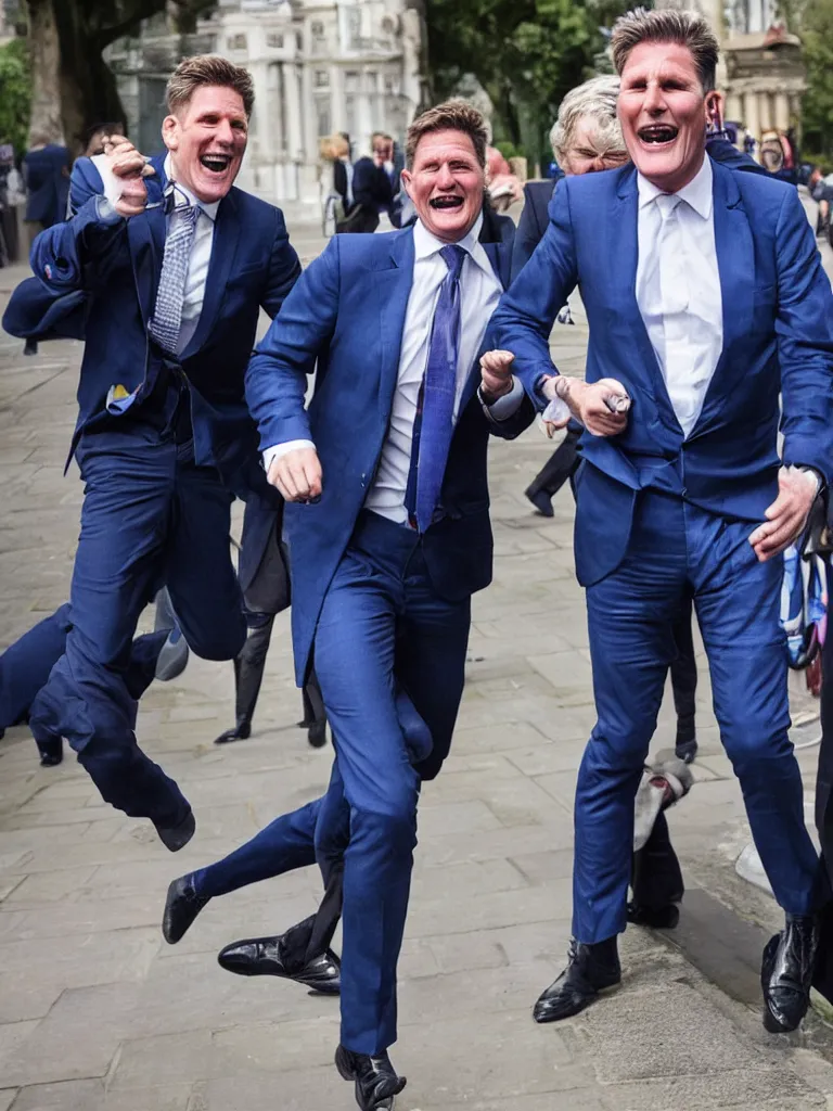 Prompt: Sir Kier Starmer wearing a blue suit laughing as he chases an old lady who is crying