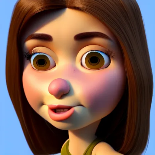 Prompt: A portrait of a curvy woman, a cute 3d cgi toon woman with brown hair in a Bob, no bangs, brown eyes, full face, olive skin, romanian heritage, medium shot, mid-shot, hyperdetailed, 8k, trending on artstation, as a Pixar character