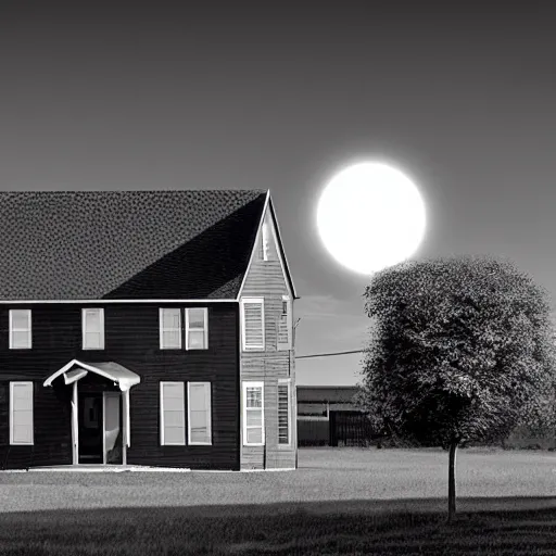 Prompt: black sphere over the red house
