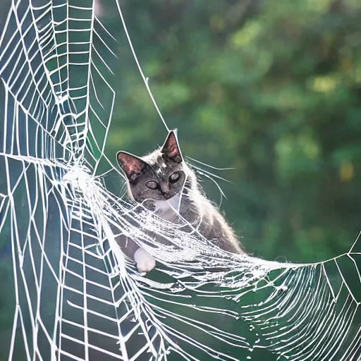 Prompt: a cat stuck in a spider web