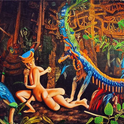 Image similar to high quality, high detail painting, dutch masterpiece, fluxus, blu, film noir, william s burroughs, scene in las pozas with quetzalcoatl at night, hd, muted lighting