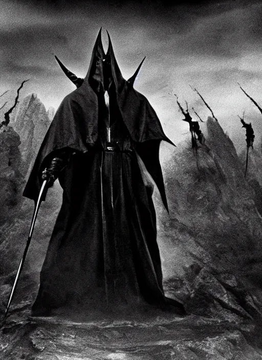 Image similar to the dark lord sauron, in the style of akira kurosawa, cinema, sharp focus, black and white, film grain, photographic