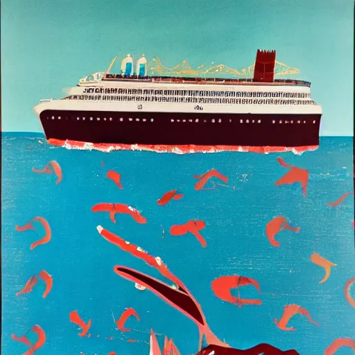 Image similar to A giant squid destroying a cruise ship in the middle of the ocean, oil painting by Andy Warhol