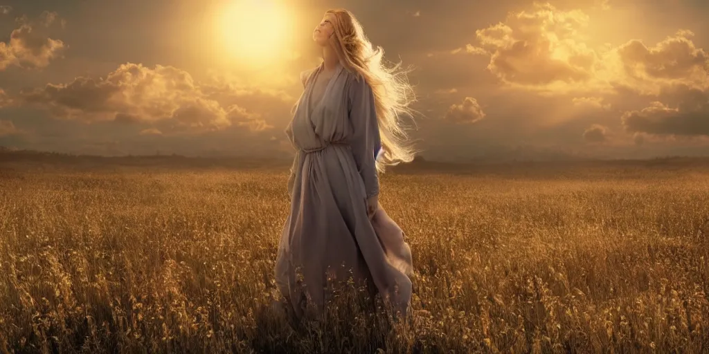 Prompt: realistic scene of 1 mysterious woman in silky clothes with long golden hair walking on a clouds trying to touch the sun, detailed, 1 4 5 0, delicate, hyper realism, ultra realistic, 8 k