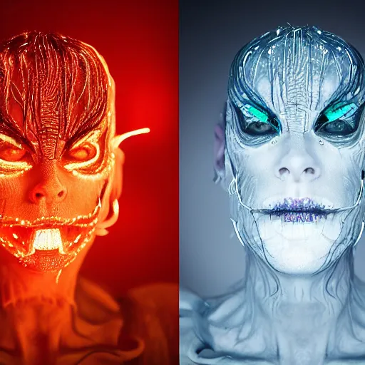 Image similar to a demon inspired by fiber optic created by the make up artist hungry, photographed by andrew thomas huang, cinematic, expensive visual effects