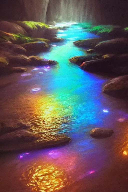 Prompt: electric river, painted by frank wu and peter lloyd, trending on artstation, rembrandt lighting front view iridescent colors, chalk art, macro, magic realism, manierism