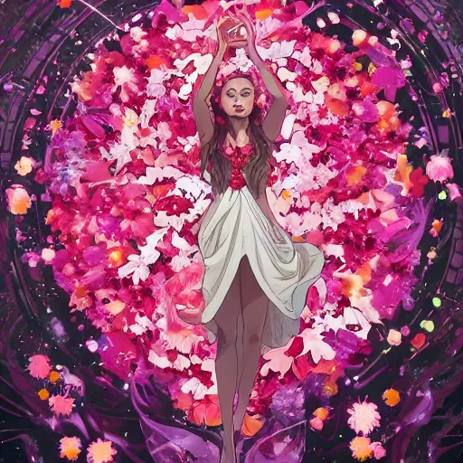 Prompt: scarlet witch in a swirling sundress of flowers, floral explosion, radiant light, vortex of plum petals, by WLOP, Tristan Eaton