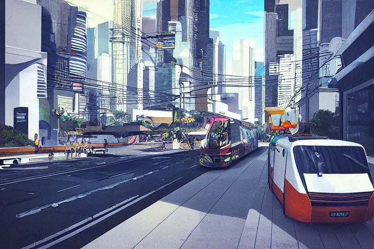 Image similar to “Streetview of a clean modern Metro Manila, good public transport, concept art, artstation”