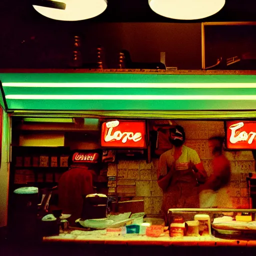 Prompt: a cup of tea on the counter, inside of a 1970s convenience store, neon lights, dirty, ektachrome photograph, volumetric lighting, f8 aperture, cinematic Eastman 5384 film