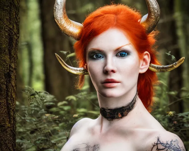 Image similar to 5 5 mm portrait photo of an armored gorgeous anesthetic redhead woman warrior with a face tattoo and horns growing from her head, in a magical forest. by luis royo. highly detailed 8 k. intricate. lifelike. soft light. nikon d 8 5 0. cinematic post - processing