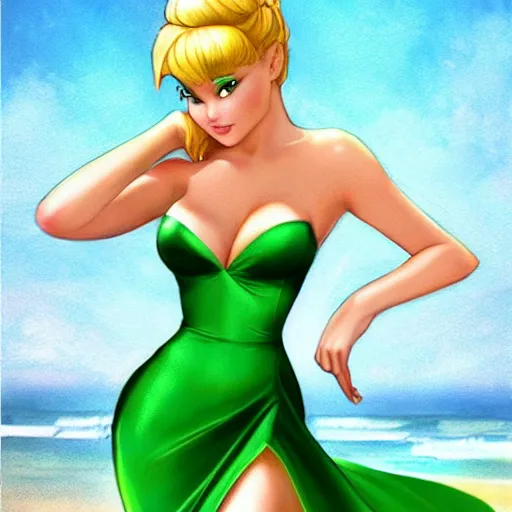 Prompt: beautiful tinkerbell in a skintight green satin prom dress on the beach drawn by artgerm