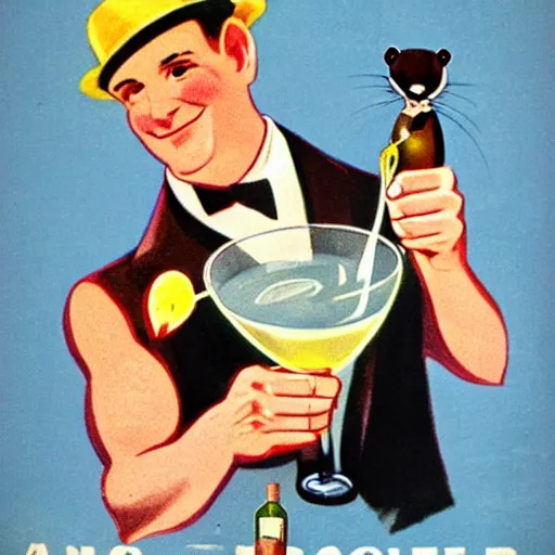 Image similar to a man holding a martini with an otter swimming in it while the otter gives a thumbs up in a 1 9 2 0 s advertisement poster