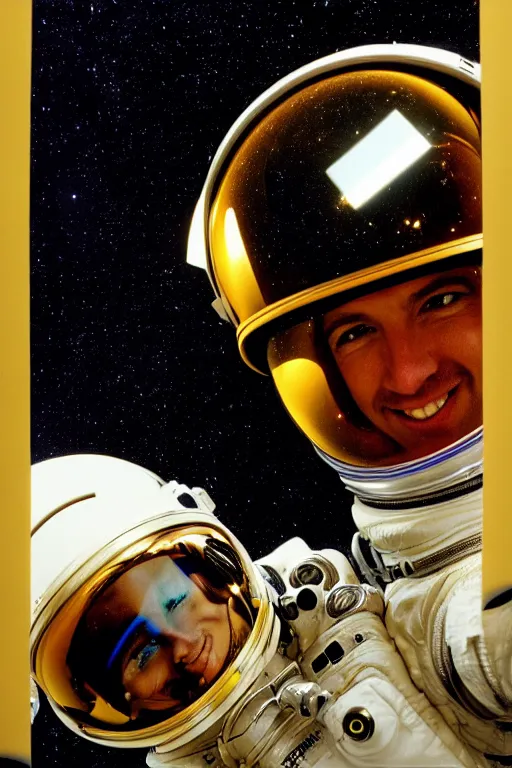 Image similar to extremely detailed studio portrait of space astronaut taking a selfie, holds a smart phone in one hand, phone!! held up to visor, reflection of phone in visor, moon, extreme close shot, soft light, golden glow, award winning photo by herb ritts