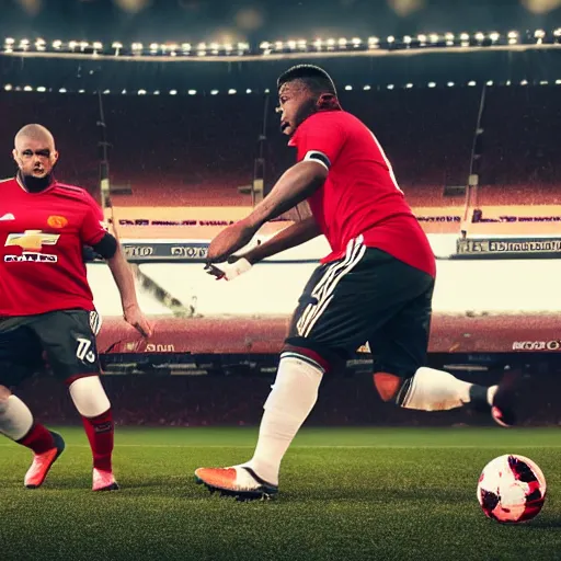 Image similar to morbidly obese men playing for man united, photorealistic, 4 k, dramatic, sharp focus