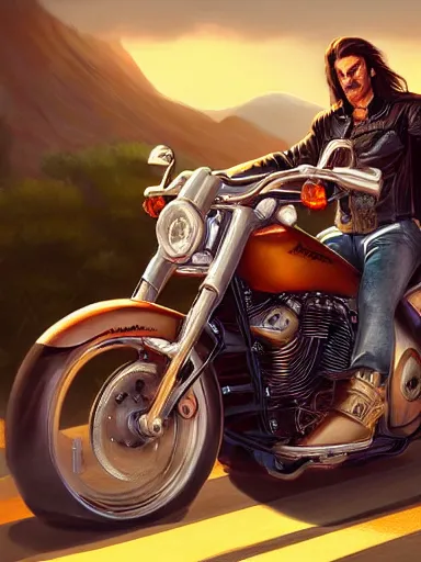 Prompt: handsome man with long hair riding a harley davidson. intricate, elegant, highly detailed, digital painting, artstation, cinematic shot, concept art, sharp focus, illustration, by justin gerard and artgerm, 8 k