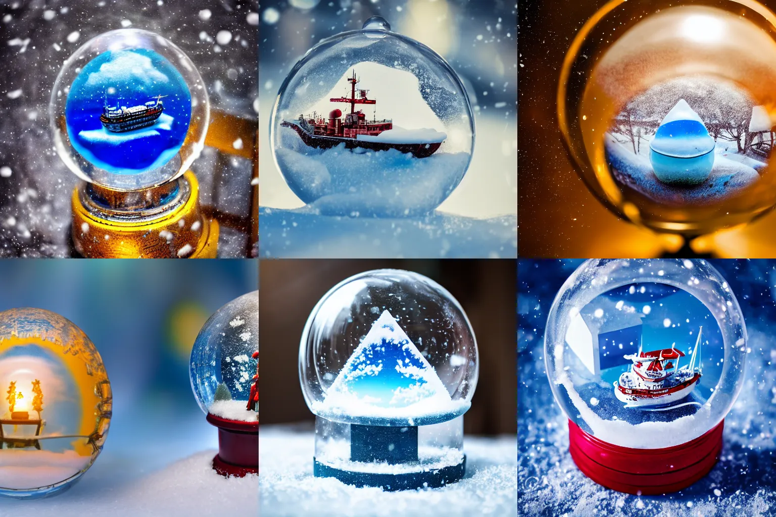 Prompt: a wipeout ship inside a snow globe, photoreal, small depth of field, 4 k, 3 5 mm lens, closeup, cinematic