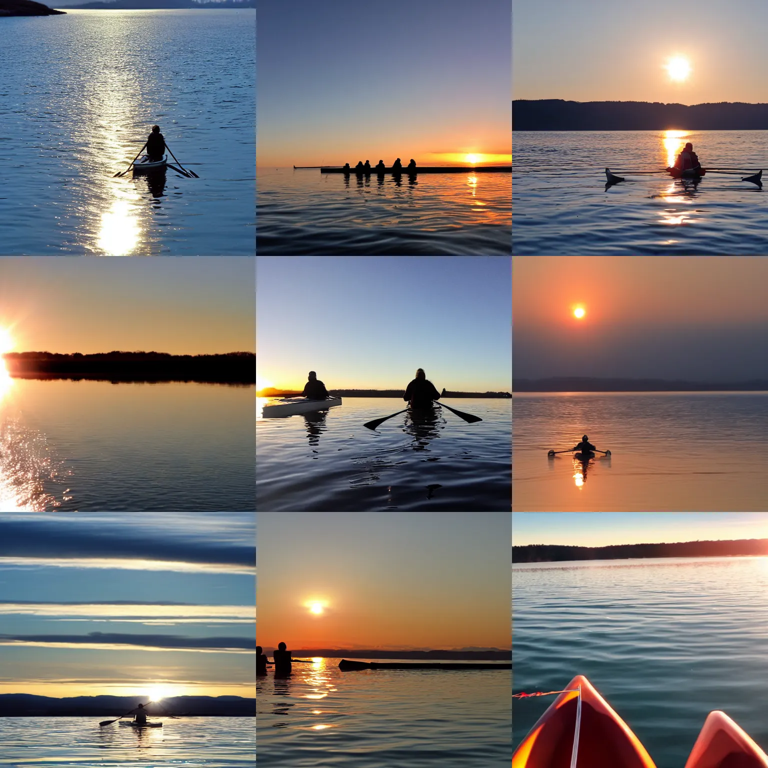 Prompt: going out for a nice row on a clear winter morning, the water is glass and the sun is rising on the horizon, life is good