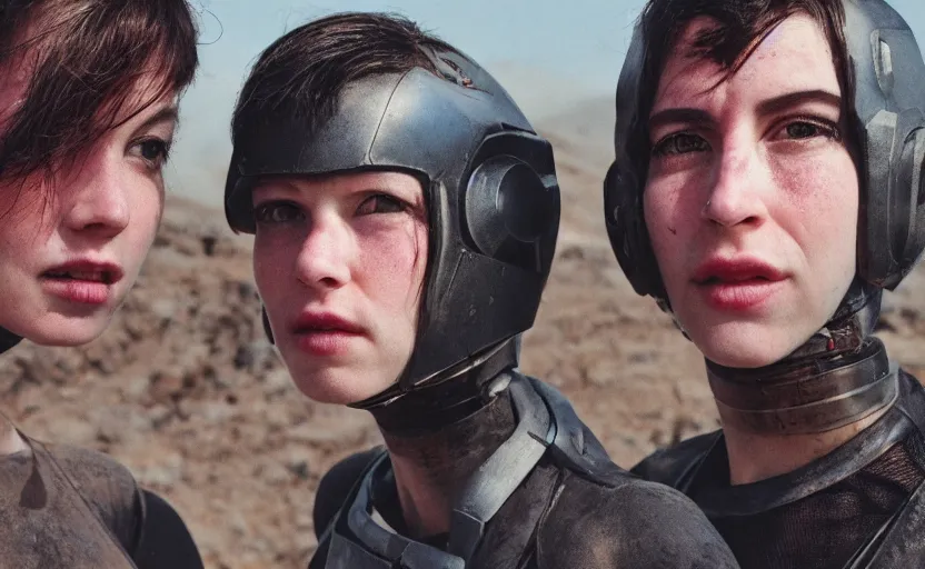 Image similar to cinestill 5 0 d photographic portrait by helen levitt of two loving female androids wearing rugged black mesh techwear on a desolate plain, extreme closeup, modern cyberpunk moody cinematic, dust storm, 8 k, hd, high resolution, 3 5 mm, f / 3 2, ultra realistic faces, ex machina