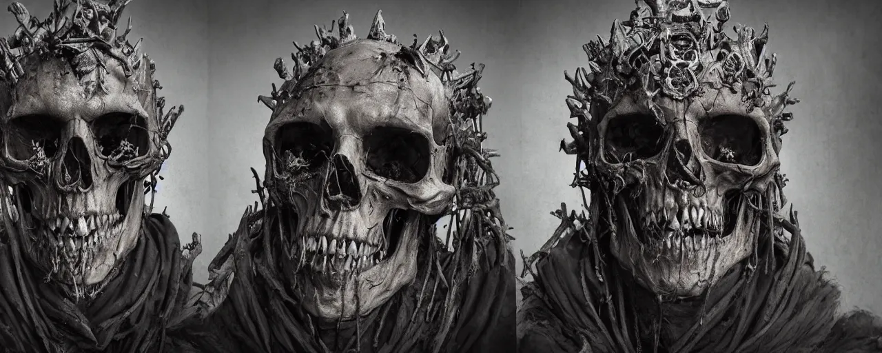 Image similar to full portrait of the decaying King of rot, crown made of bones, cloak, skull mask, realistic character concept, high fantasy, gothic, dark atmosphere, medium shot, symmetrical face, cinematic lighting, hyperdetailed, high resolution, insanely detailed and intricate, artstation, octane render, 8k, unreal engine