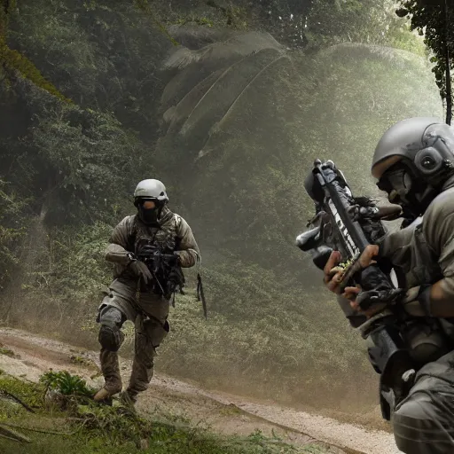 Image similar to Mercenary Special Forces soldiers in light grey uniforms with black armored vest and helmet escorting a VIP in the jungles of Tanoa, combat photography by Feng Zhu, highly detailed, excellent composition, cinematic concept art, dramatic lighting, trending on ArtStation