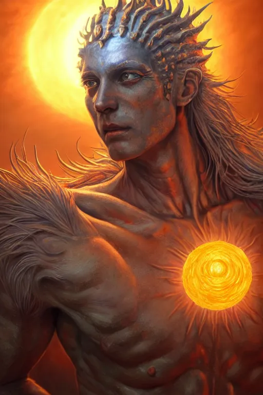 Image similar to humanoid god of the sun, highly detailed, d & d, fantasy, hyper detailed, digital painting, trending on artstation, apollo, concept art, sharp focus, illustration, art by artgerm and magali villeneuve and greg rutkowski and michael whelan, cryengine, 8 k realistic atmospheric lighting, frostbite 3 engine