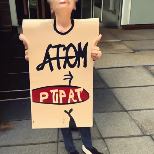 Prompt: realistic perfect cat standing holding up sign saying atom