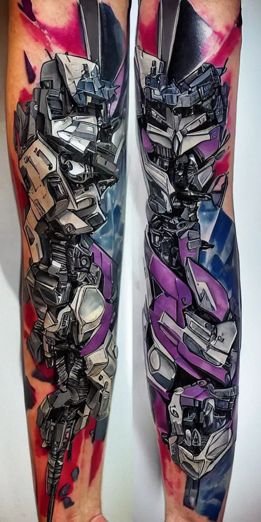 Image similar to decepticon and autobots battle leg sleeve tattoo, transformers, skywrap, soundwave, star scream, blitzwing, sunstreaker, sideswipe, intricate, symmetrical, lazer blast, sharp, high detailed, high contrast, 1 st winner, trending, polkadot!!! grunge!!! purple!! black!! red!!