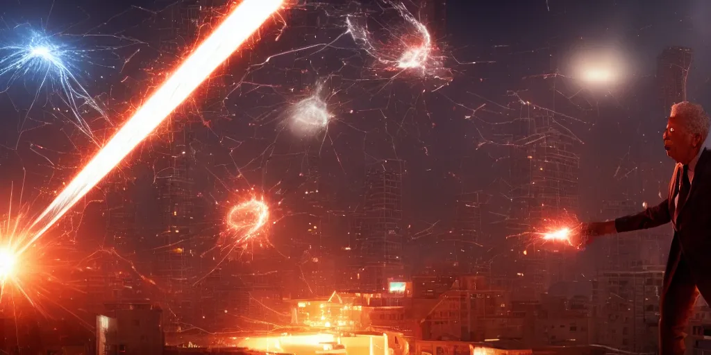 Image similar to gigantic morgan freeman destroying a city throwing lasers from his eyes, night, realism, 4 k, octane render, award winning photograph, realistic, cinematic shot